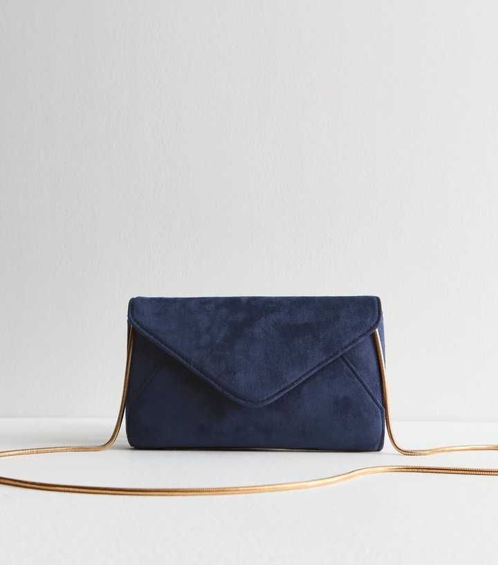 Blue Faux Suede Chain Strap Clutch Bag 