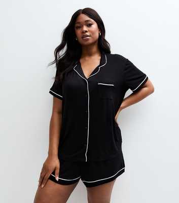 Curves Black Contrast Piping Shirt And Shorts Pyjama Set