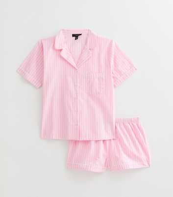 Petite Pink Poplin Stripe Short Sleeve Revere Collar Pyjama Set