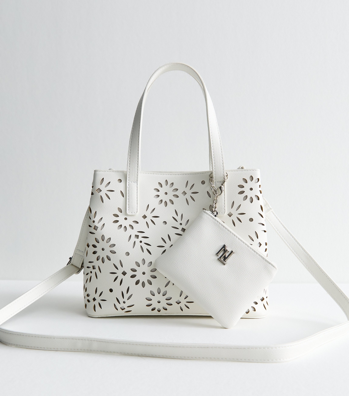 White Faux Leather Lazer Cut Tote Bag and Purse New Look