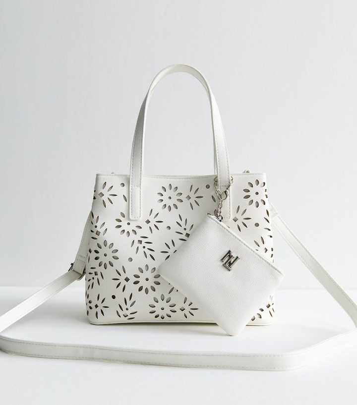White Faux Leather Lazer Cut Tote Bag and Purse