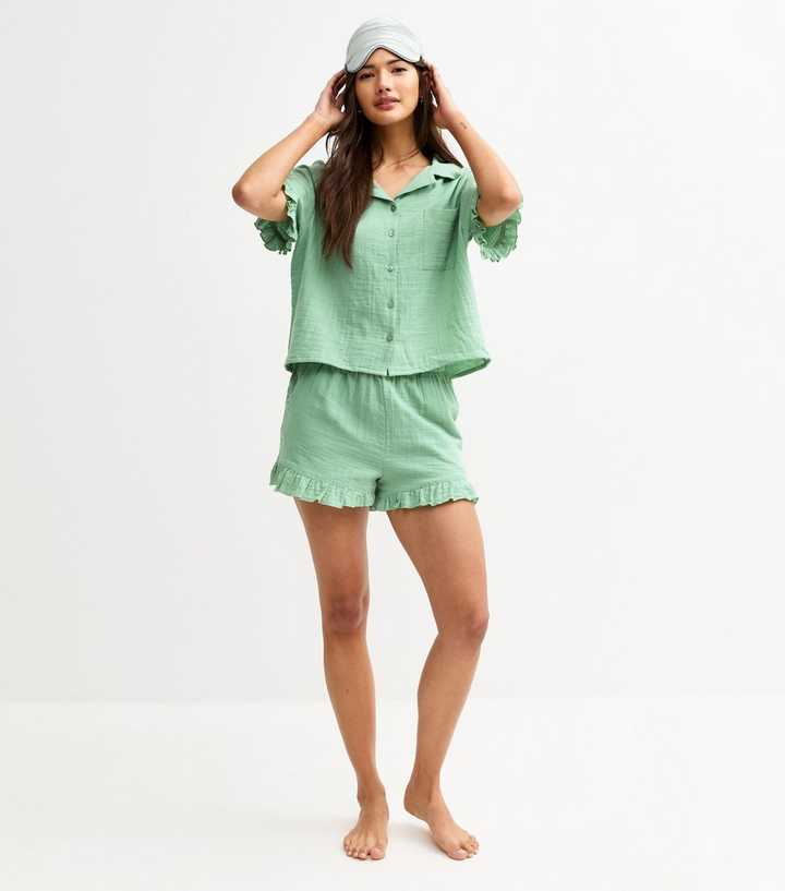 Light Green Double Cloth Frill Trim Pyjama Set