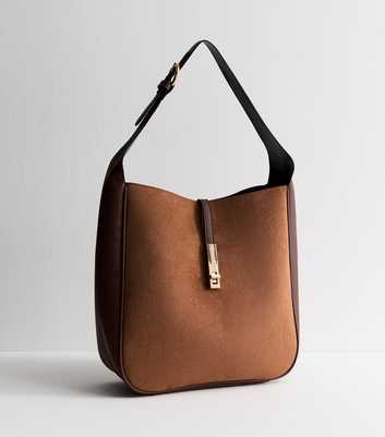 Brown Panelled Faux Suede Hobo Bag 