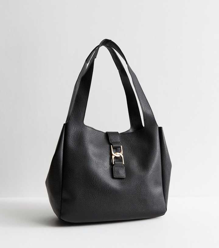 Black Faux Leather Link Detail Hobo Shoulder Bag 