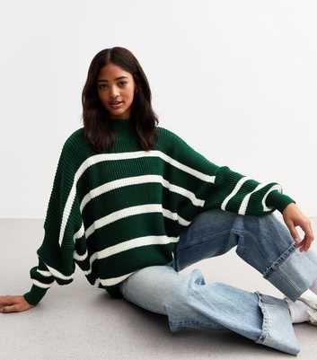 Gini London Green Oversized Striped Chunky Knit Jumper