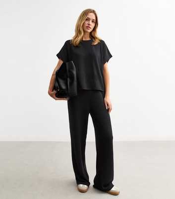 Black Textured Wide Leg Trousers