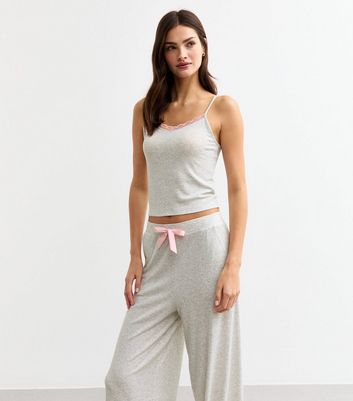 Pale Grey Ribbed Wide Leg Pyjama Set