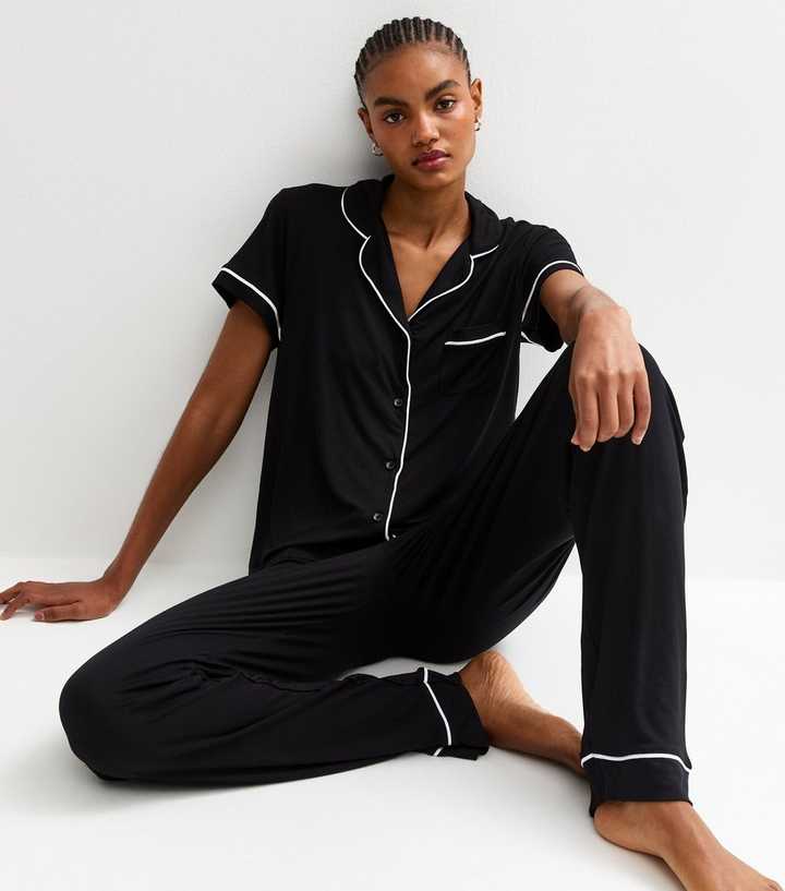 Tall Black Short Sleeve Revere Collar Pyjama Set