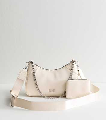 Cream Faux Leather Duo Scoop Shoulder Bag 