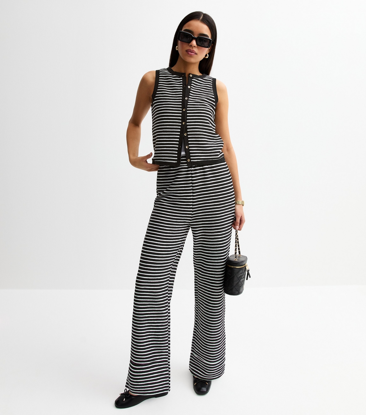 Women's Black Textured Striped Wide Leg Trousers New Look