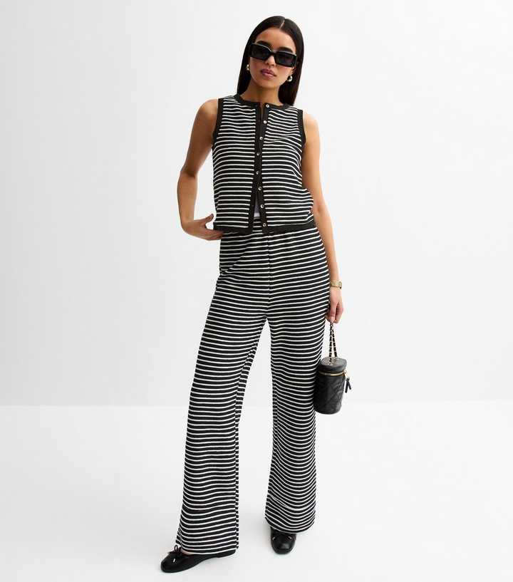 Black Textured Striped Wide Leg Trousers