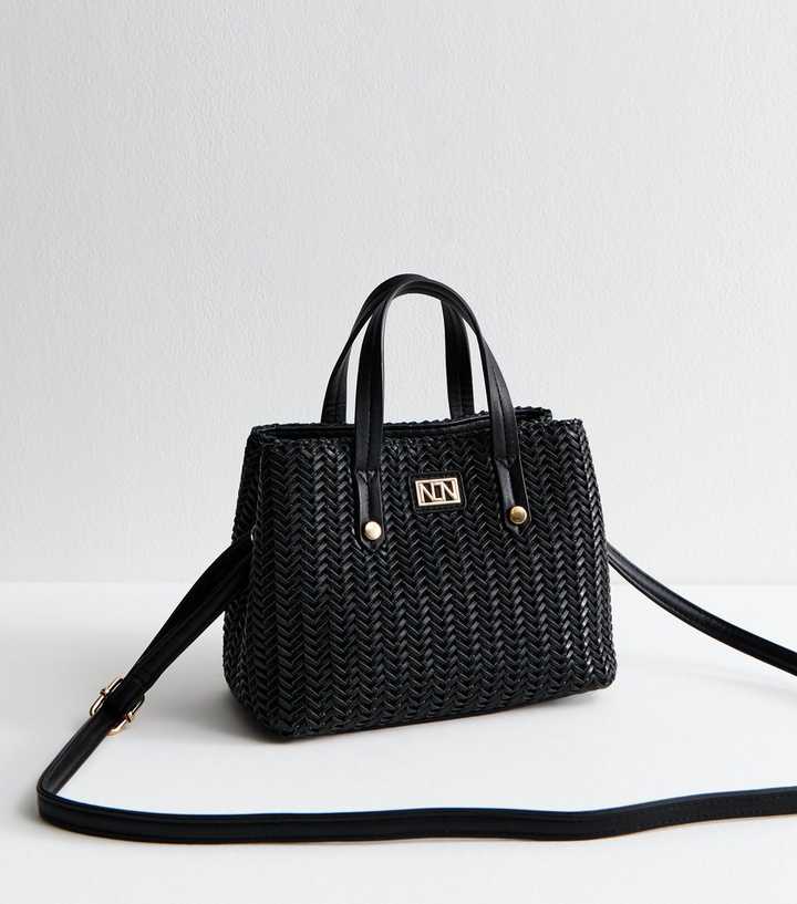 Black Faux Leather Woven Mini Tote Bag