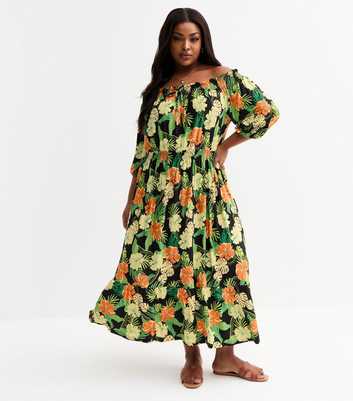 Blue Vanilla Curve Yellow Floral Print Bardot Midi Dress