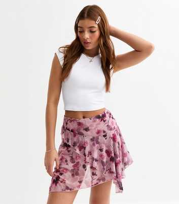 Girls Pink Mesh Blur Rose Print Handkerchief Hem Skort