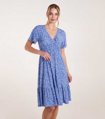 Blue Vanilla Blue Ditsy Printed Angel Sleeve Elasticated V Neck Dress