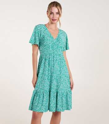 Blue Vanilla Green Ditsy Printed Angel Sleeve Elasticated V Neck Dress