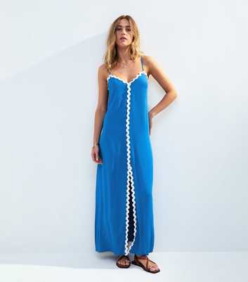 Blue Contrast Trim Split Hem Maxi Dress