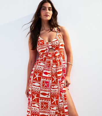Red Sea Print Knotted Front Maxi Dress