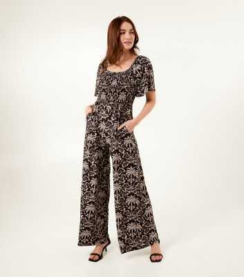 Blue Vanilla Black Palm Tree Print Square Neck Shirred Jumpsuit