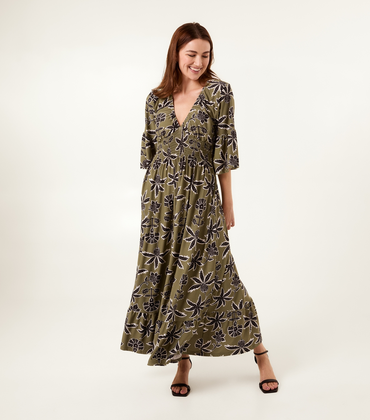 Blue Vanilla Women's Khaki Dark Floral Midi Dress New Look Medium