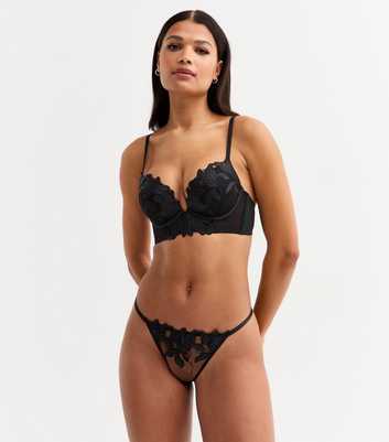 Black Floral Applique Mesh Thong