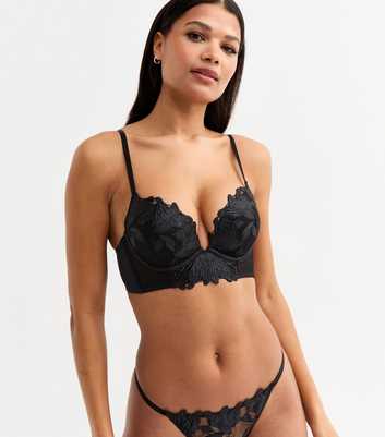 Black Floral Applique Push Up Bra