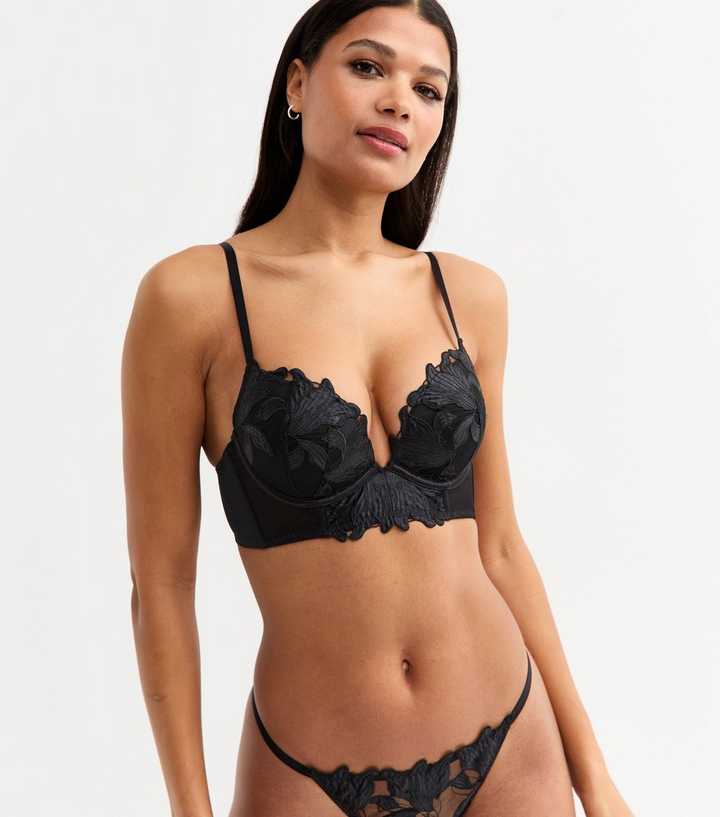 Black Floral Applique Push Up Bra
