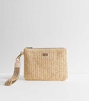 Stone Woven Raffia Look Clutch Bag 