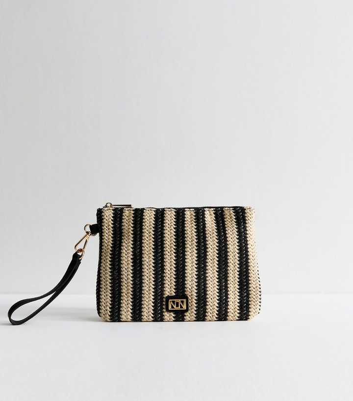 Black Raffia Look Striped Pouch