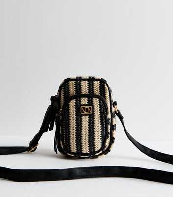 Black Striped Raffia Look Crossbody Phone Bag