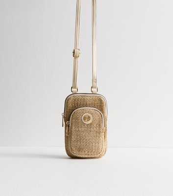 Brown Raffia Look Logo Plaque Crossbody Bag