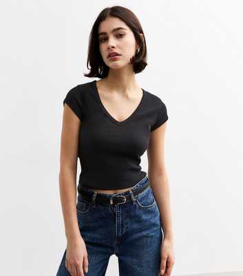 Black Cap Sleeve V-Neck T-Shirt