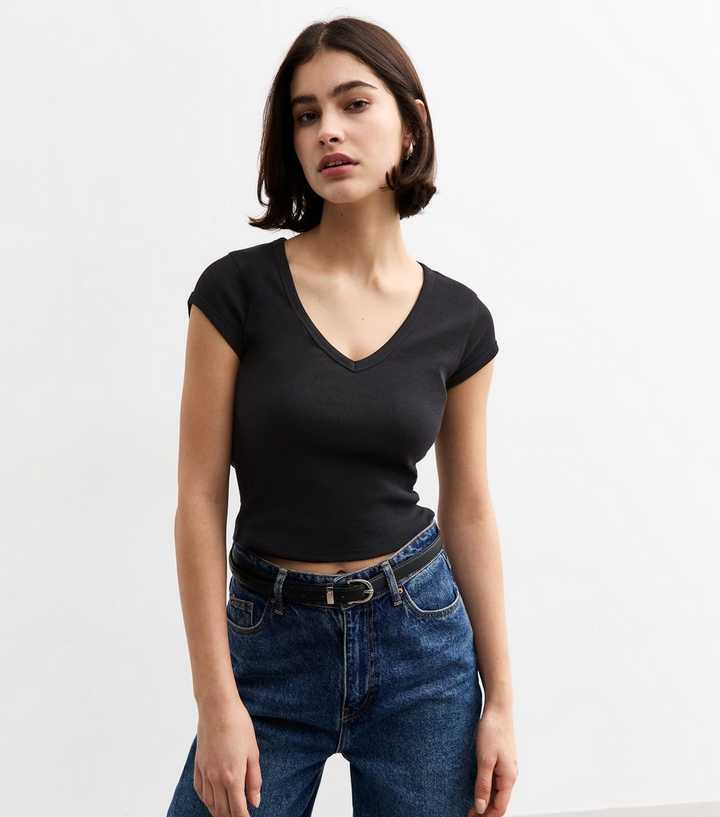 Black Cap Sleeve V-Neck T-Shirt