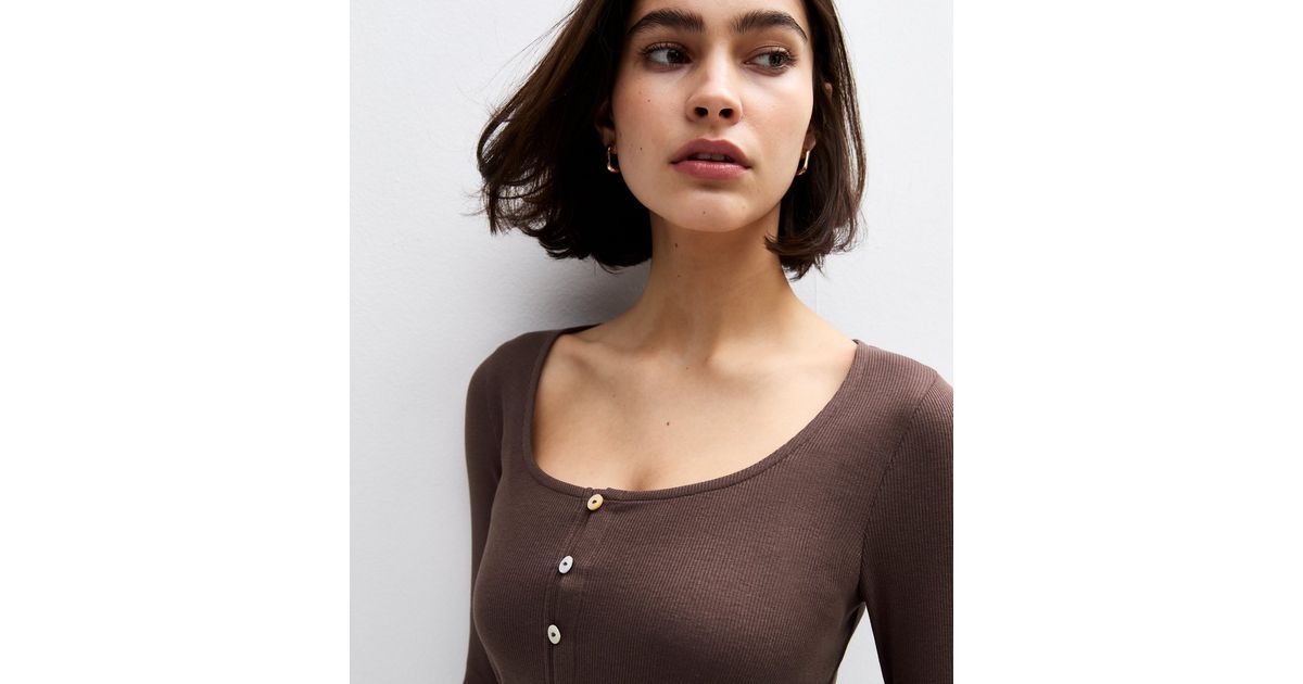 Ribbed Cropped Button Top with Lace Trim - Brown