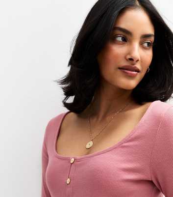 Dark Pink Ribbed Button Detail Long Sleeve Top