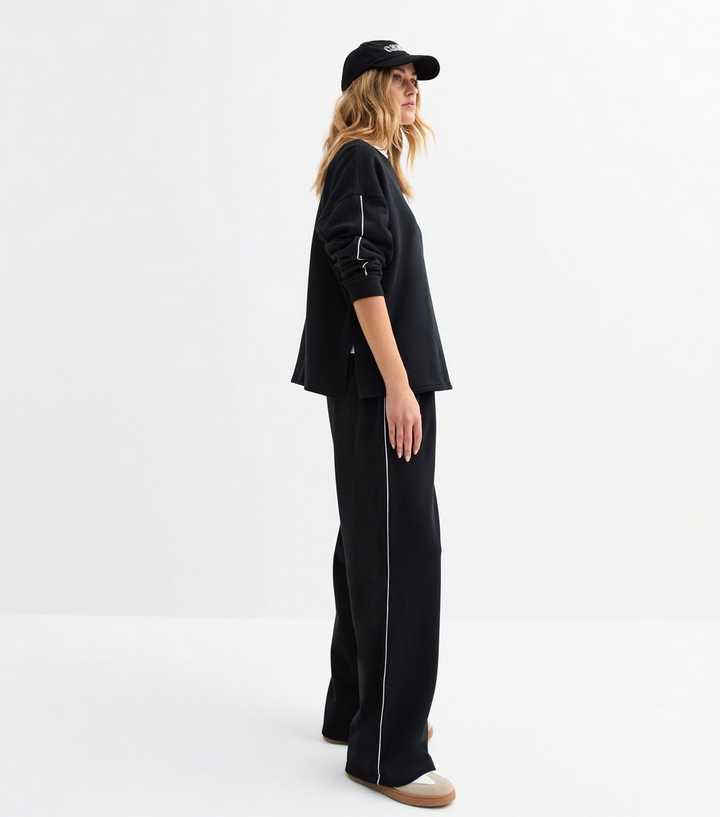 Black Contrast Piping Wide Leg Jersey Joggers