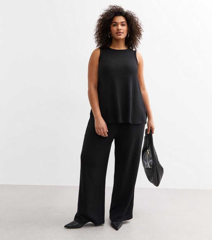 Curves Black Textured  Wide Leg Trousers