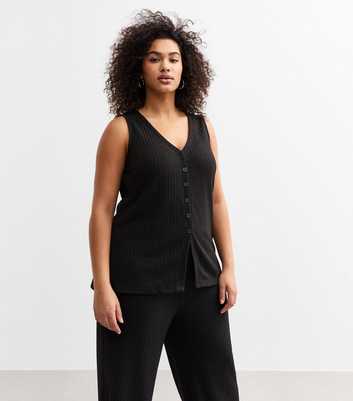 Curves Black Ribbed Button Front Waistcoat
