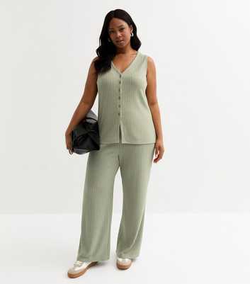 Curves Light Khaki Ribbed Wide Leg Trousers 