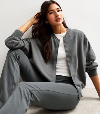 Dark Grey Acid Wash Zipped Jersey Bomber Jacket New Look