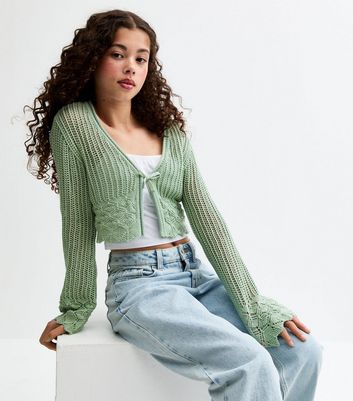 Girls Mint Green Tie Front Cropped Cardigan | New Look