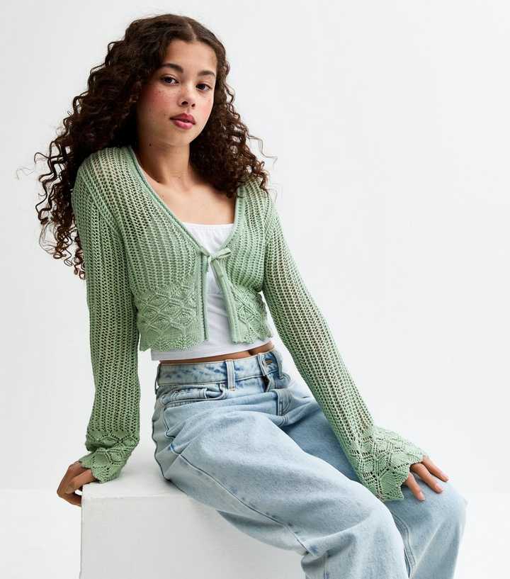 Girls Mint Green Tie Front Cropped Cardigan New Look