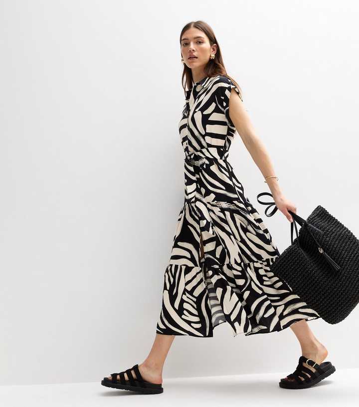 Black Abstract Print Midi Dress