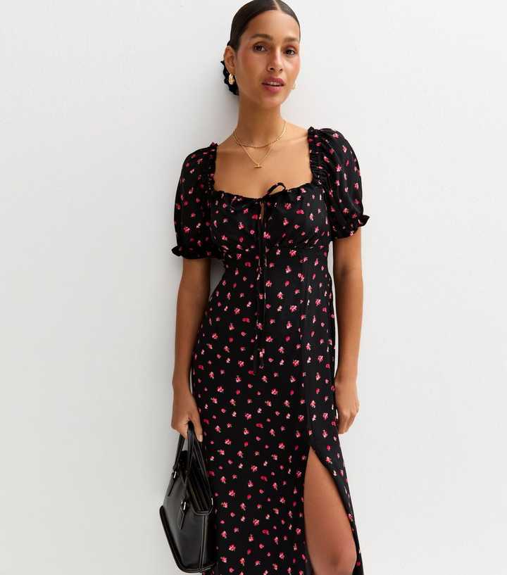 Black Berry Print Slit Hem Milkmaid Midi Dress