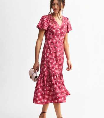 Red Gingham Floral Print Midi Dress