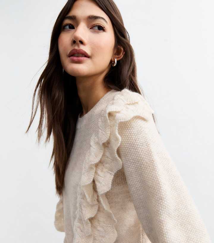 Cream Pointelle Frill Crew Neck Jumper