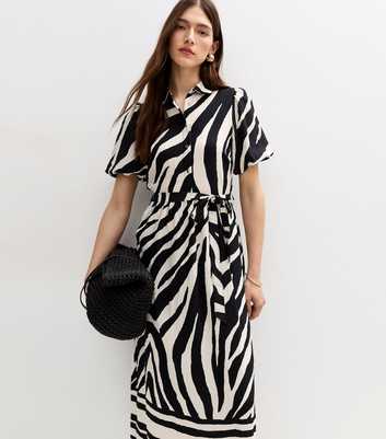 Black Zebra Print Puff Sleeve Shirt Dress