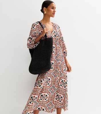 Pink Tile Print Tie Neck Midi Dress