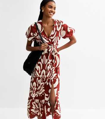 Tall Red Floral Print Crinkle Texture Tiered Wrap Midi Dress