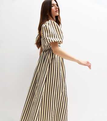 Cream Striped Puffed Sleeve Midi Dress